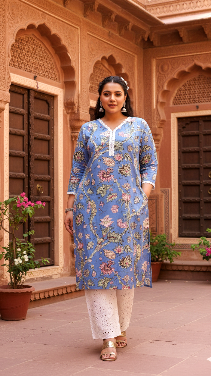 Plus Size Blue Floral Kurti – Elegant Cotton Comfort for Every Day
