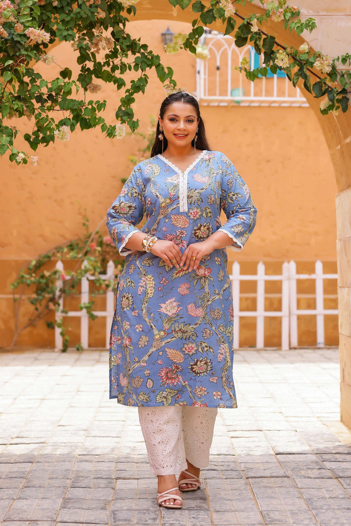 Plus Size Blue Floral Kurti – Elegant Cotton Comfort for Every Day