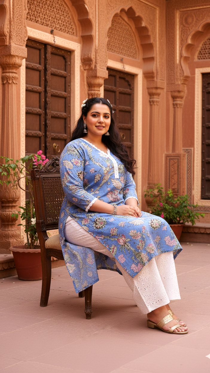 Plus Size Blue Floral Kurti – Elegant Cotton Comfort for Every Day