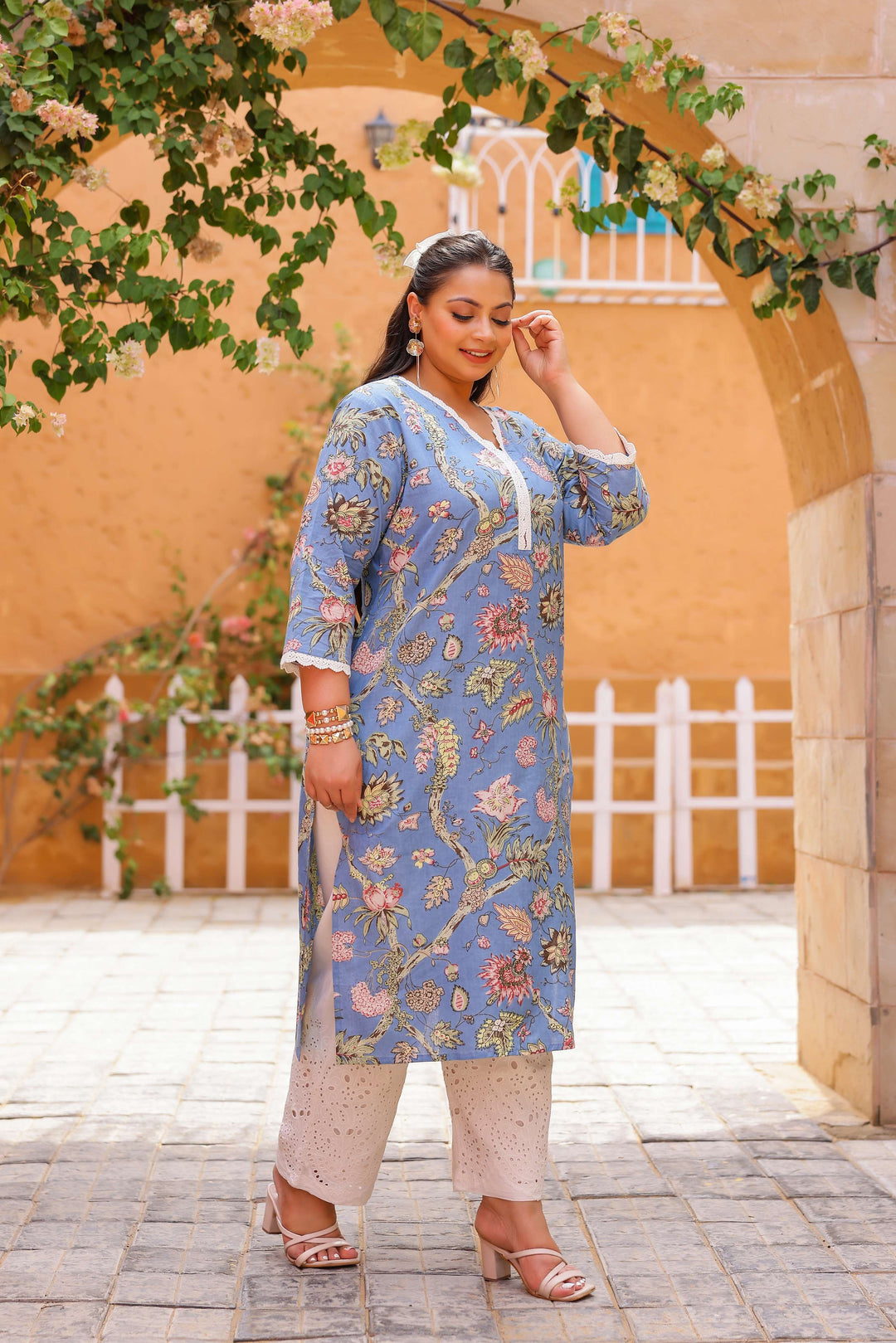 Plus Size Blue Floral Kurti – Elegant Cotton Comfort for Every Day