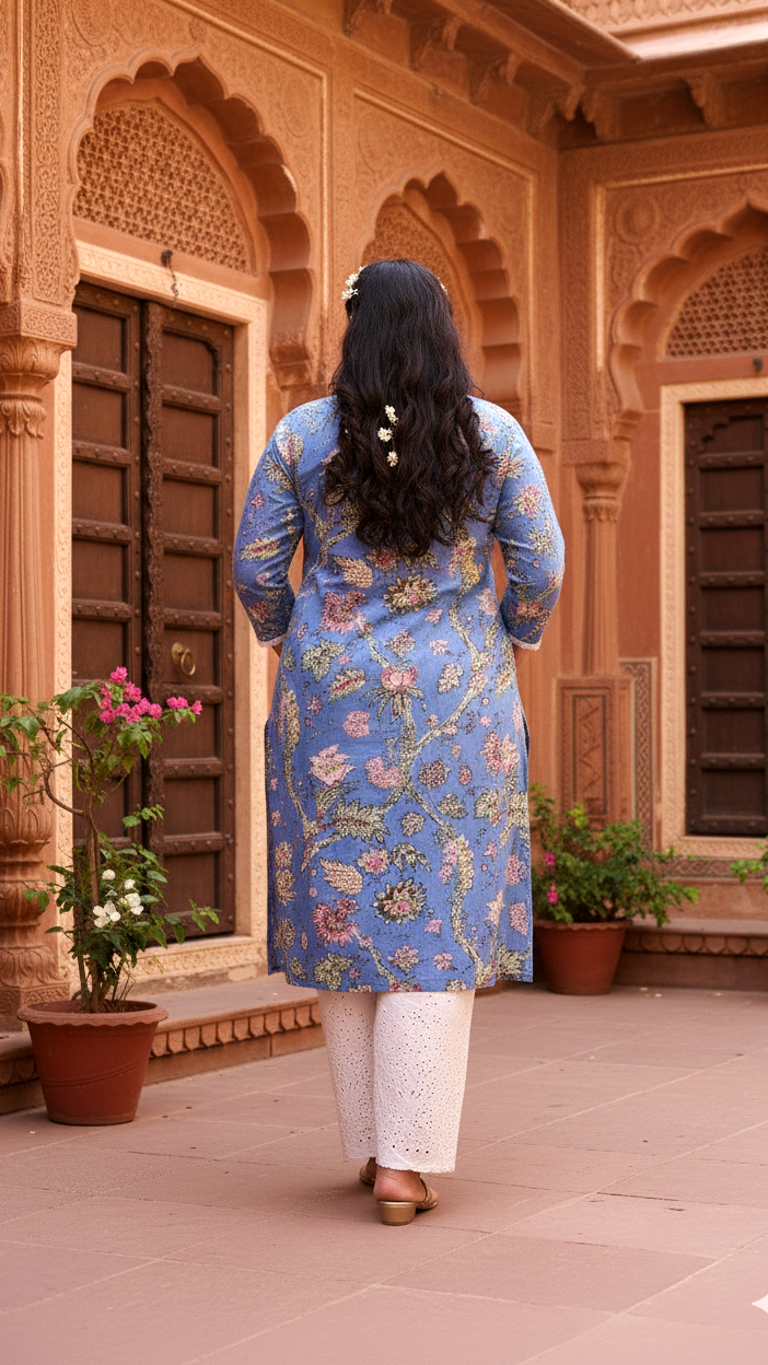 Plus Size Blue Floral Kurti – Elegant Cotton Comfort for Every Day