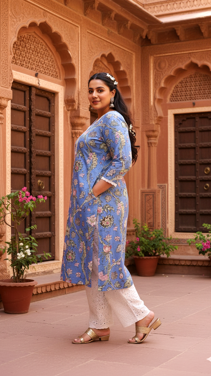 Plus Size Blue Floral Kurti – Elegant Cotton Comfort for Every Day