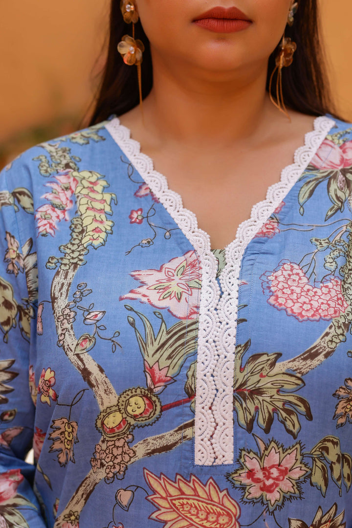Plus Size Blue Floral Kurti – Elegant Cotton Comfort for Every Day