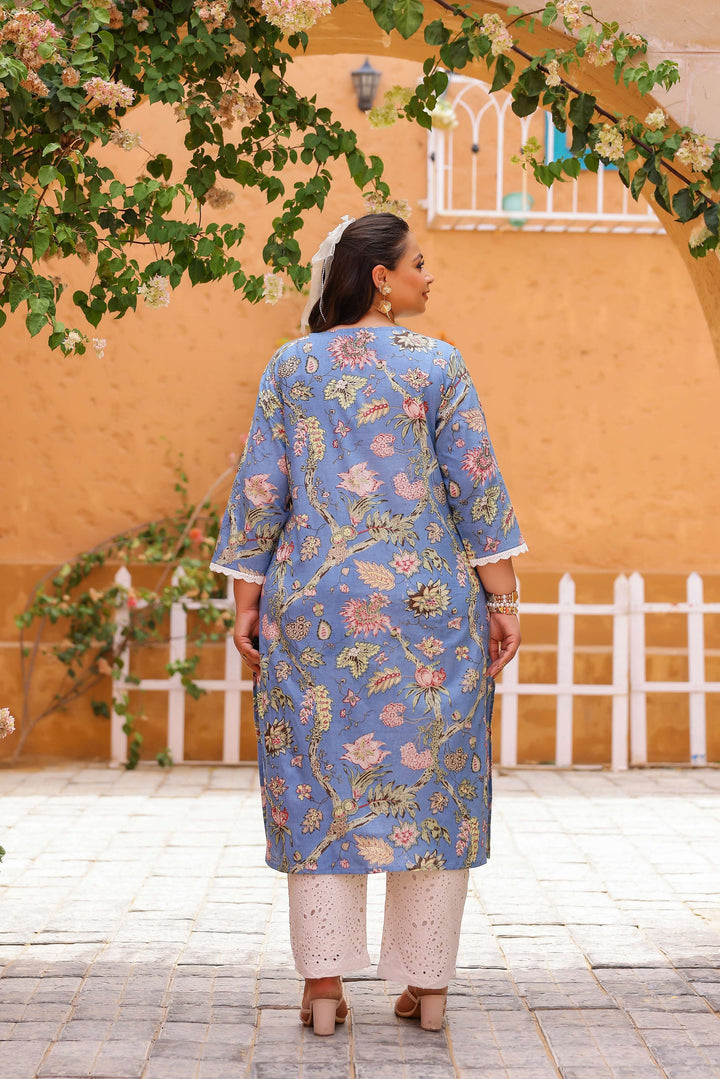 Plus Size Blue Floral Kurti – Elegant Cotton Comfort for Every Day
