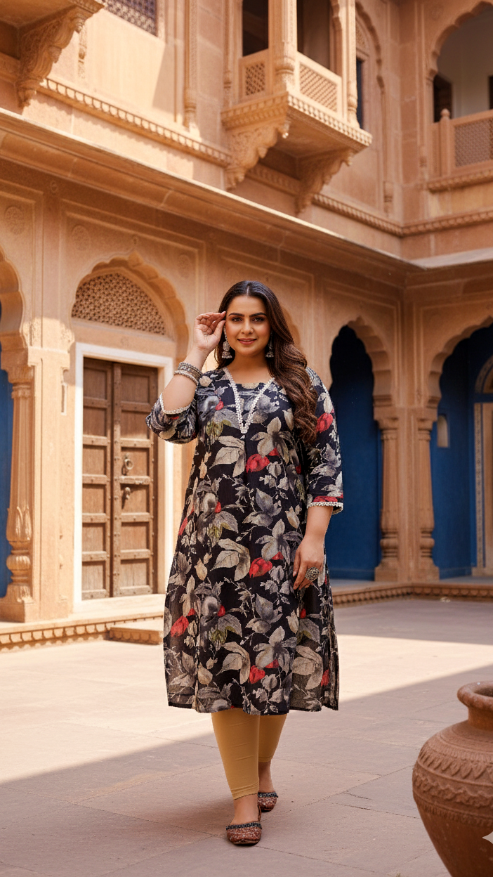 Plus Size Black Floral Kurti – Graceful Boldness in Comfort