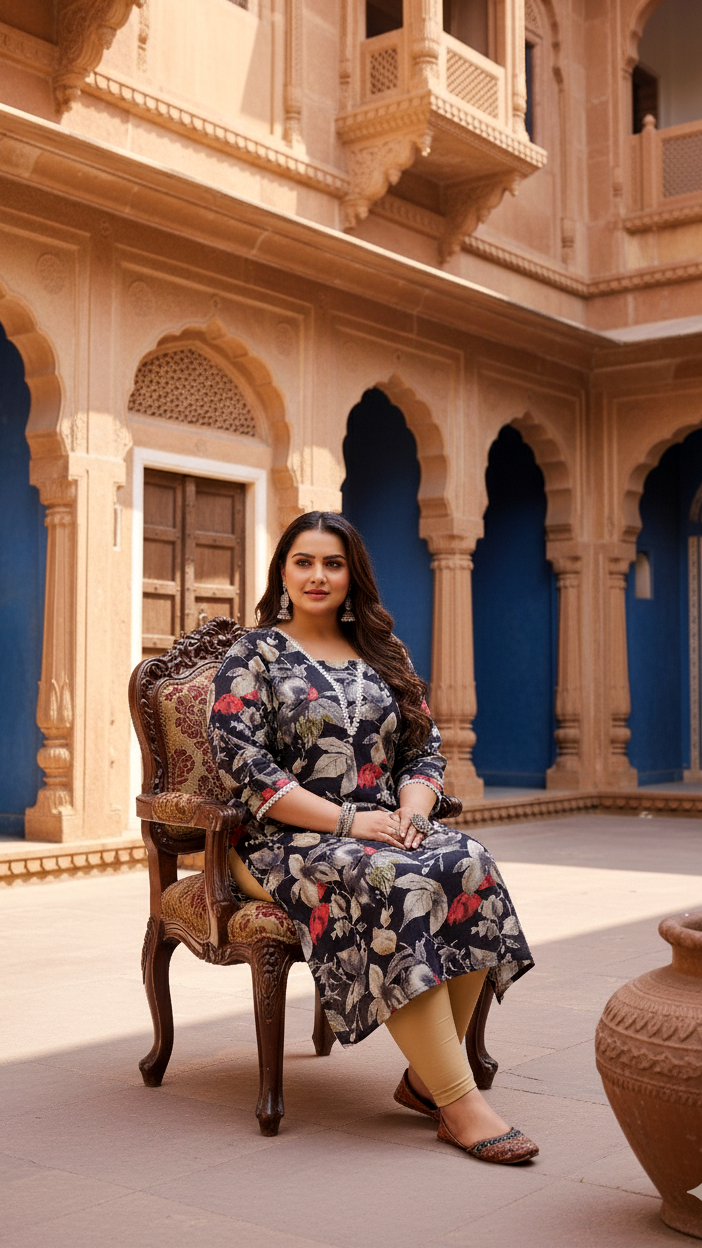 Plus Size Black Floral Kurti – Graceful Boldness in Comfort