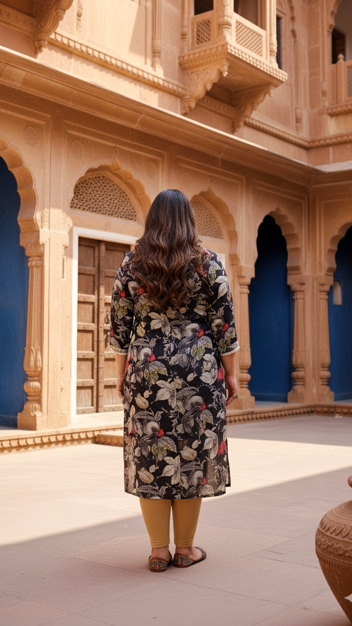 Plus Size Black Floral Kurti – Graceful Boldness in Comfort