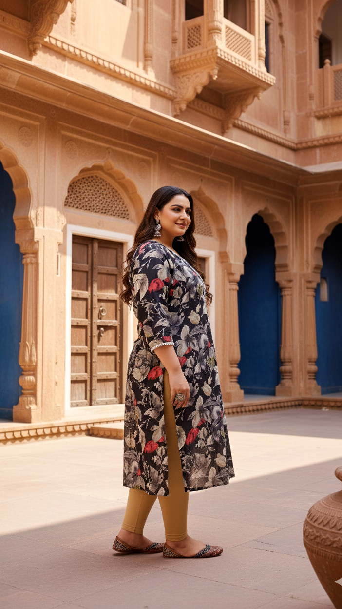 Plus Size Black Floral Kurti – Graceful Boldness in Comfort