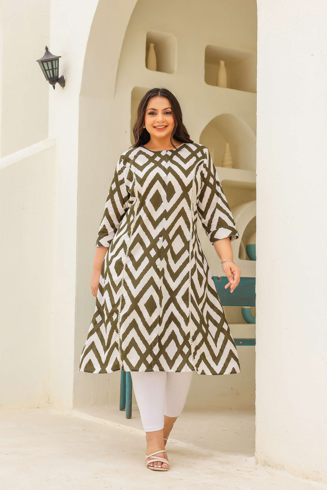 Plus Size Olive Geometric Kurti – Contemporary Charm with a Bold Edge