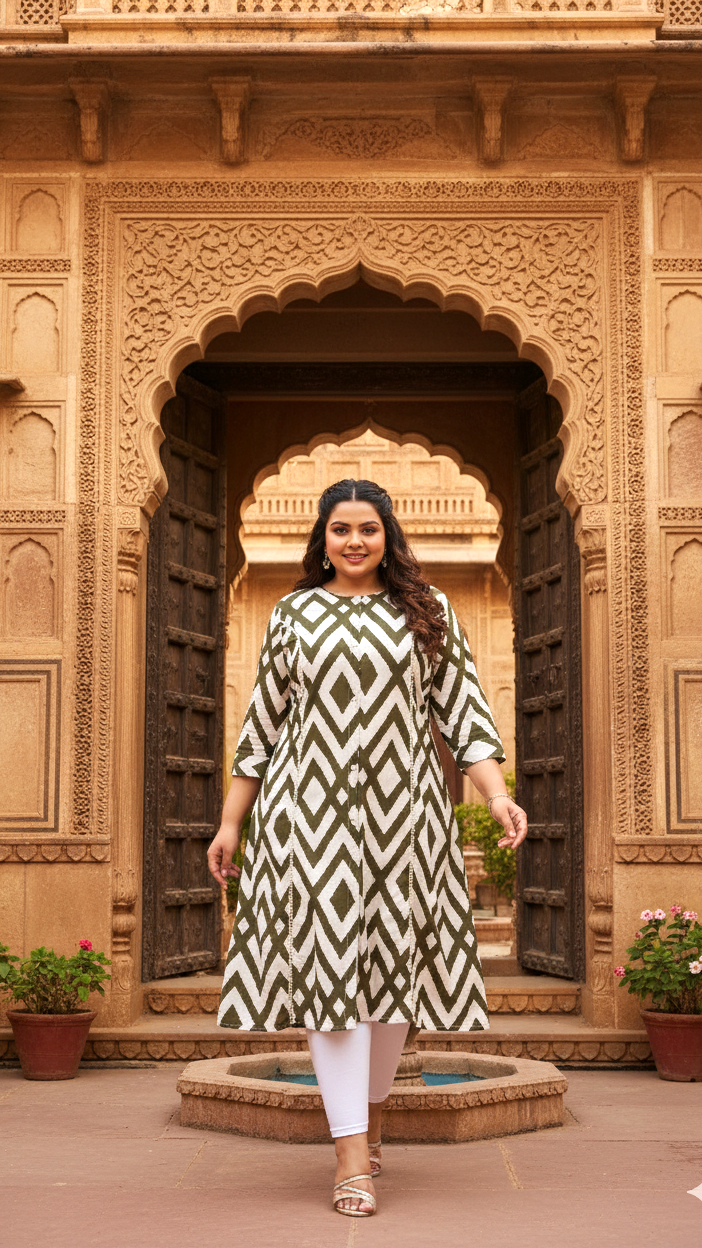 Plus Size Olive Geometric Kurti – Contemporary Charm with a Bold Edge