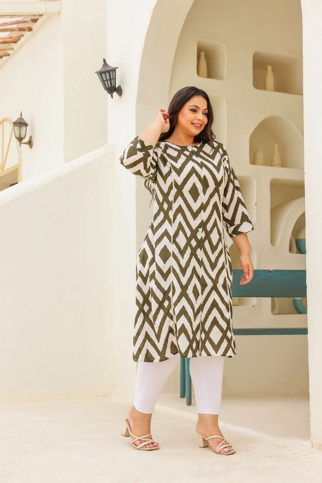 Plus Size Olive Geometric Kurti – Contemporary Charm with a Bold Edge