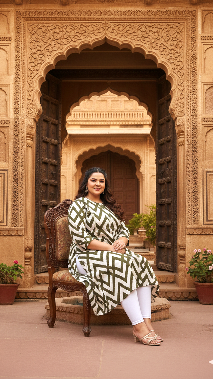 Plus Size Olive Geometric Kurti – Contemporary Charm with a Bold Edge
