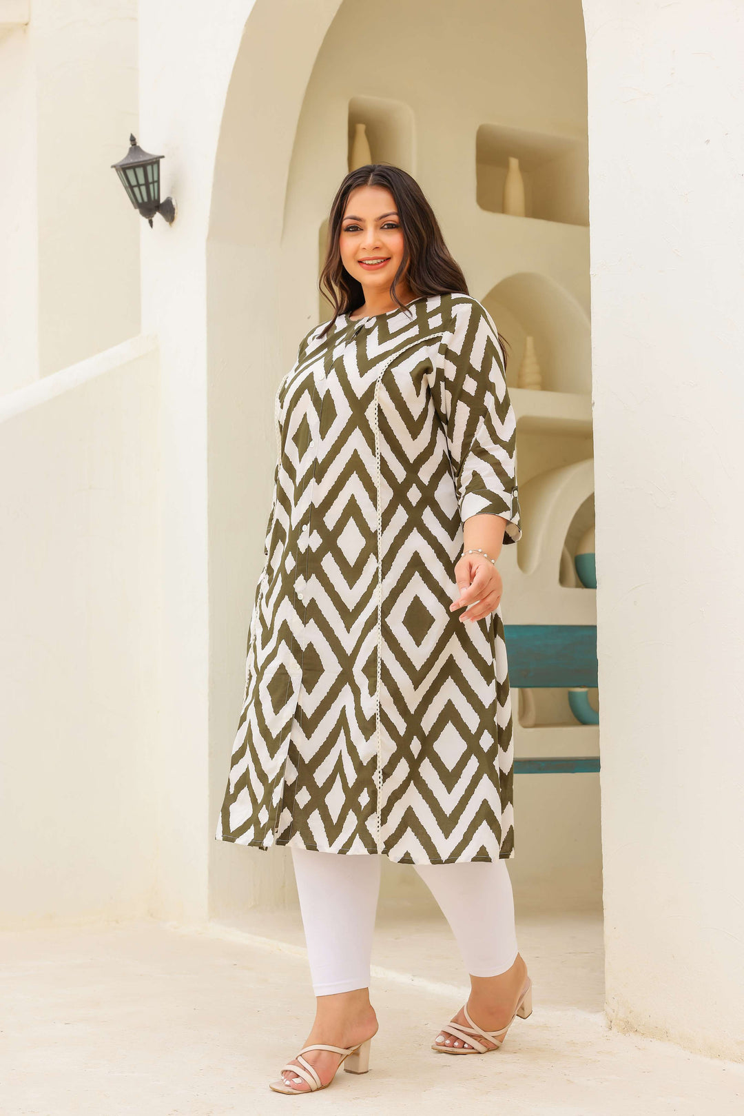 Plus Size Olive Geometric Kurti – Contemporary Charm with a Bold Edge