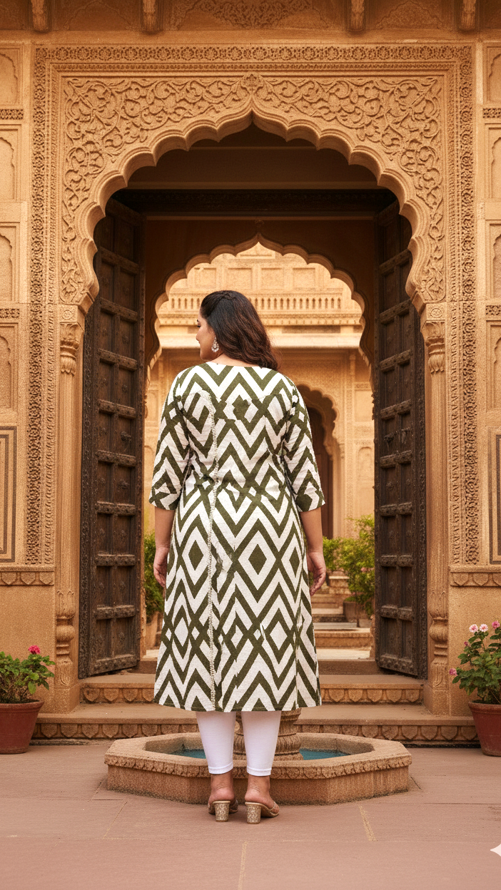 Plus Size Olive Geometric Kurti – Contemporary Charm with a Bold Edge
