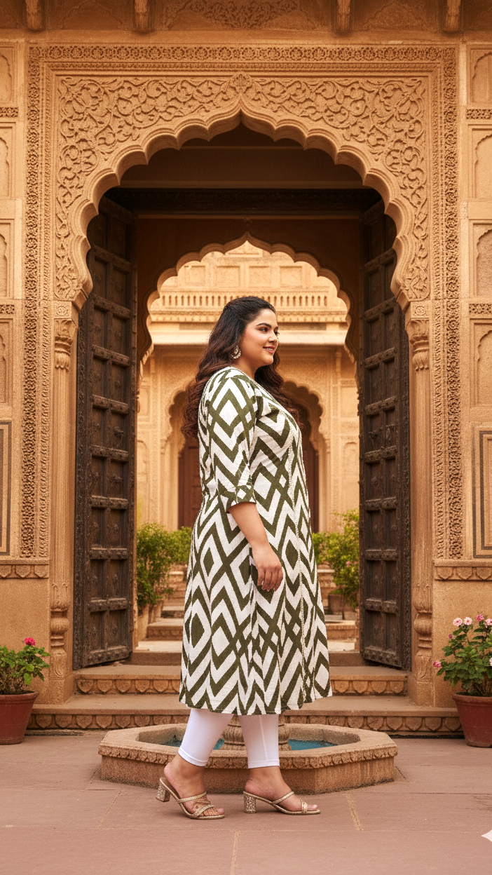 Plus Size Olive Geometric Kurti – Contemporary Charm with a Bold Edge