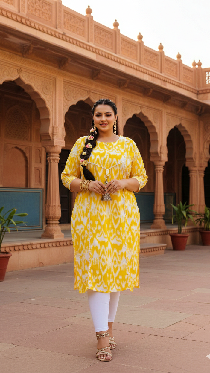 Bright Yellow Ikat Printed Kurta for Women | Plus Size Friendly | Everyday Comfort