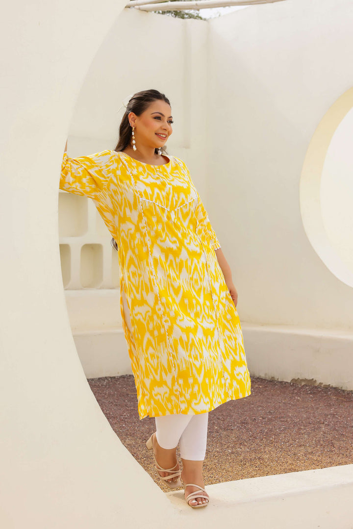 Bright Yellow Ikat Printed Kurta for Women | Plus Size Friendly | Everyday Comfort