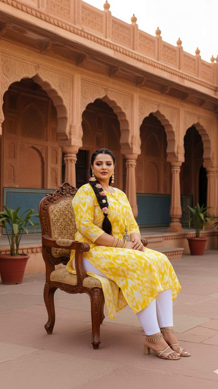Bright Yellow Ikat Printed Kurta for Women | Plus Size Friendly | Everyday Comfort