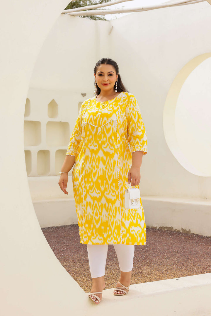 Bright Yellow Ikat Printed Kurta for Women | Plus Size Friendly | Everyday Comfort