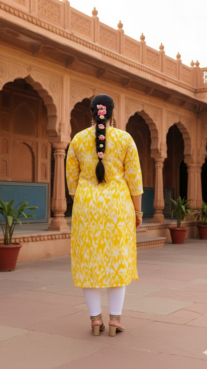 Bright Yellow Ikat Printed Kurta for Women | Plus Size Friendly | Everyday Comfort