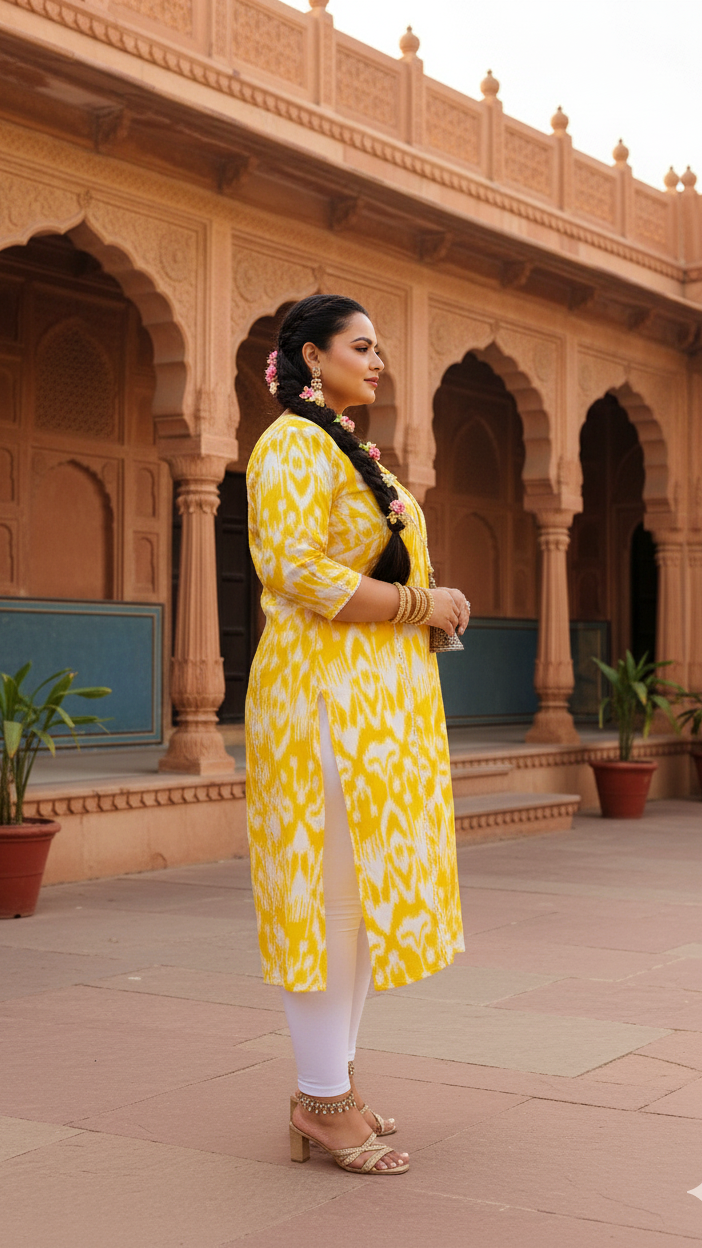 Bright Yellow Ikat Printed Kurta for Women | Plus Size Friendly | Everyday Comfort