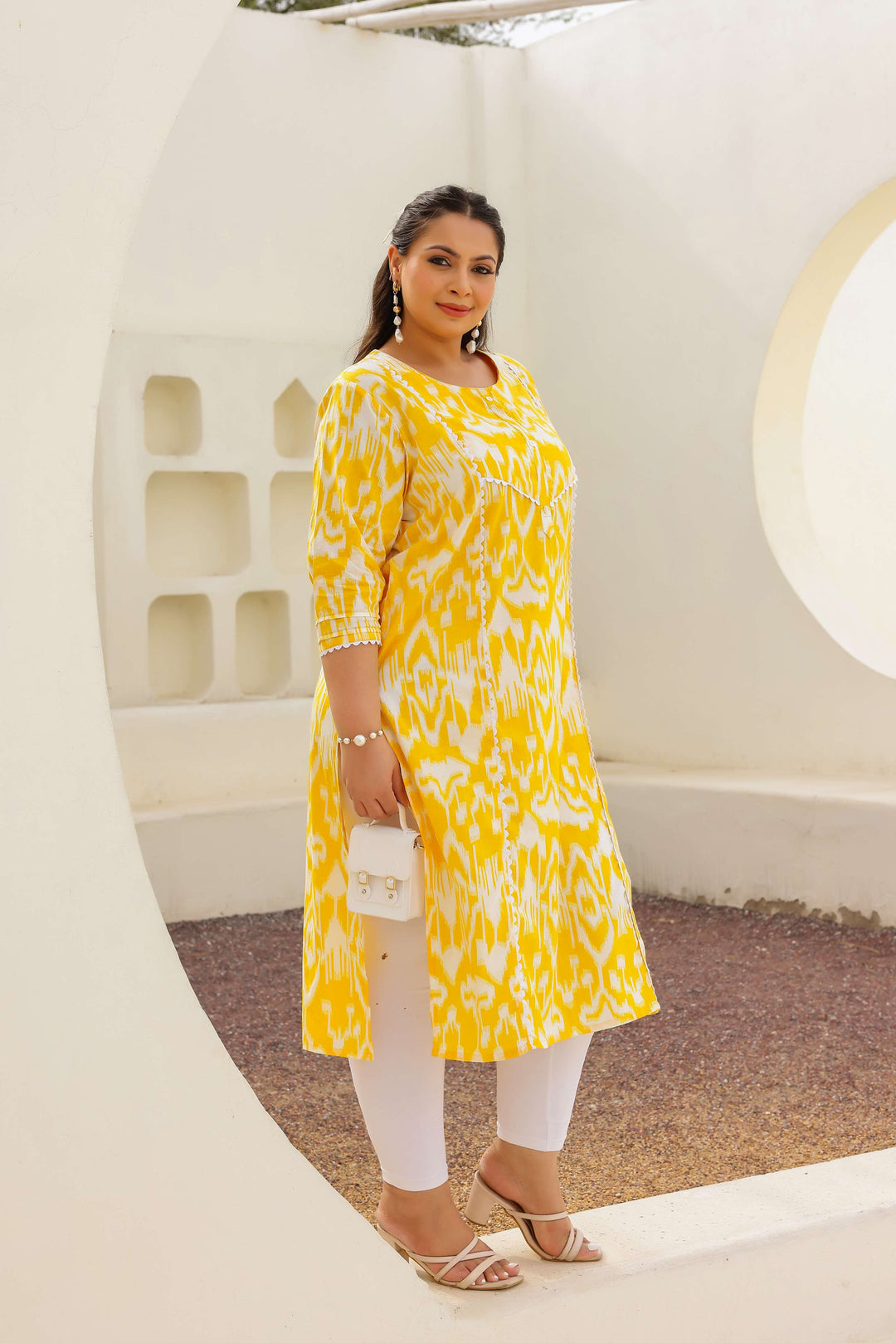 Bright Yellow Ikat Printed Kurta for Women | Plus Size Friendly | Everyday Comfort
