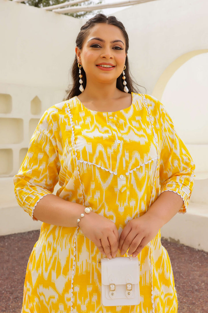 Bright Yellow Ikat Printed Kurta for Women | Plus Size Friendly | Everyday Comfort
