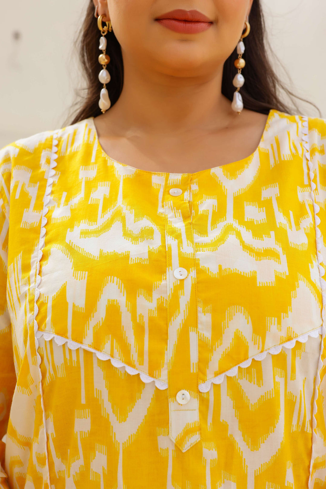 Bright Yellow Ikat Printed Kurta for Women | Plus Size Friendly | Everyday Comfort