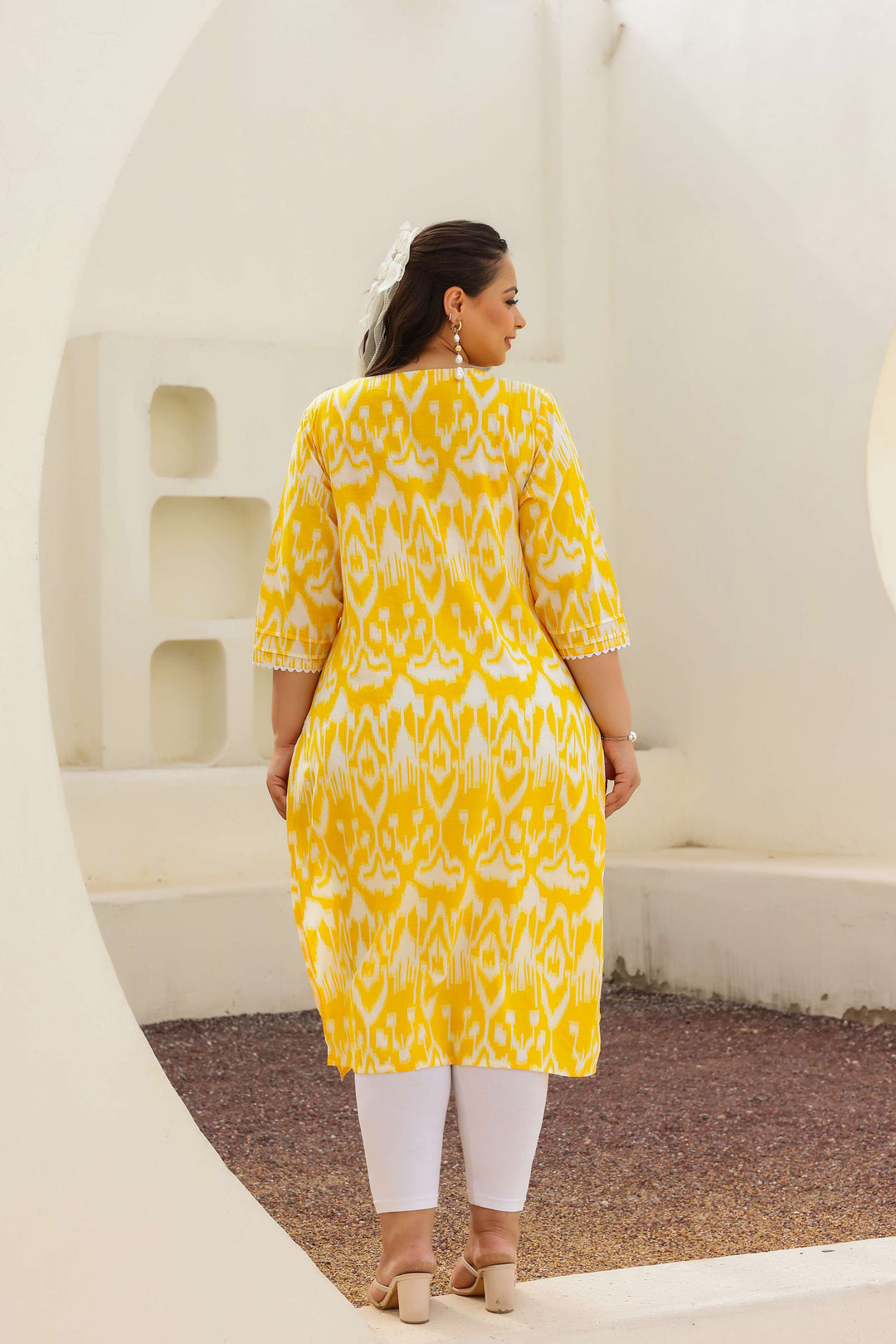 Bright Yellow Ikat Printed Kurta for Women | Plus Size Friendly | Everyday Comfort