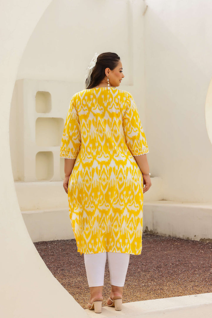Bright Yellow Ikat Printed Kurta for Women | Plus Size Friendly | Everyday Comfort