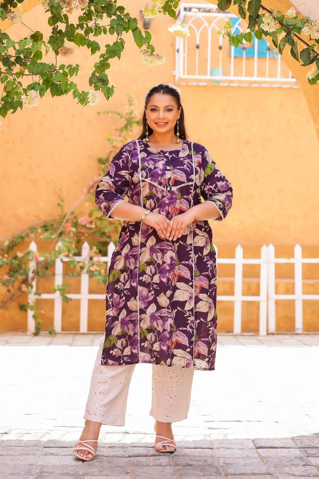 Elegant Purple Floral Printed Kurta for Women | Soft Cotton Blend | Ethnic Casual Wear