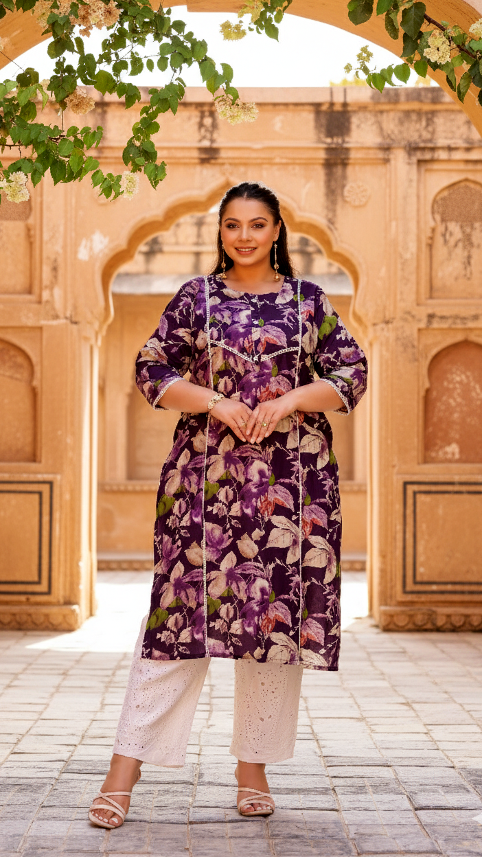 Elegant Purple Floral Printed Kurta for Women | Soft Cotton Blend | Ethnic Casual Wear
