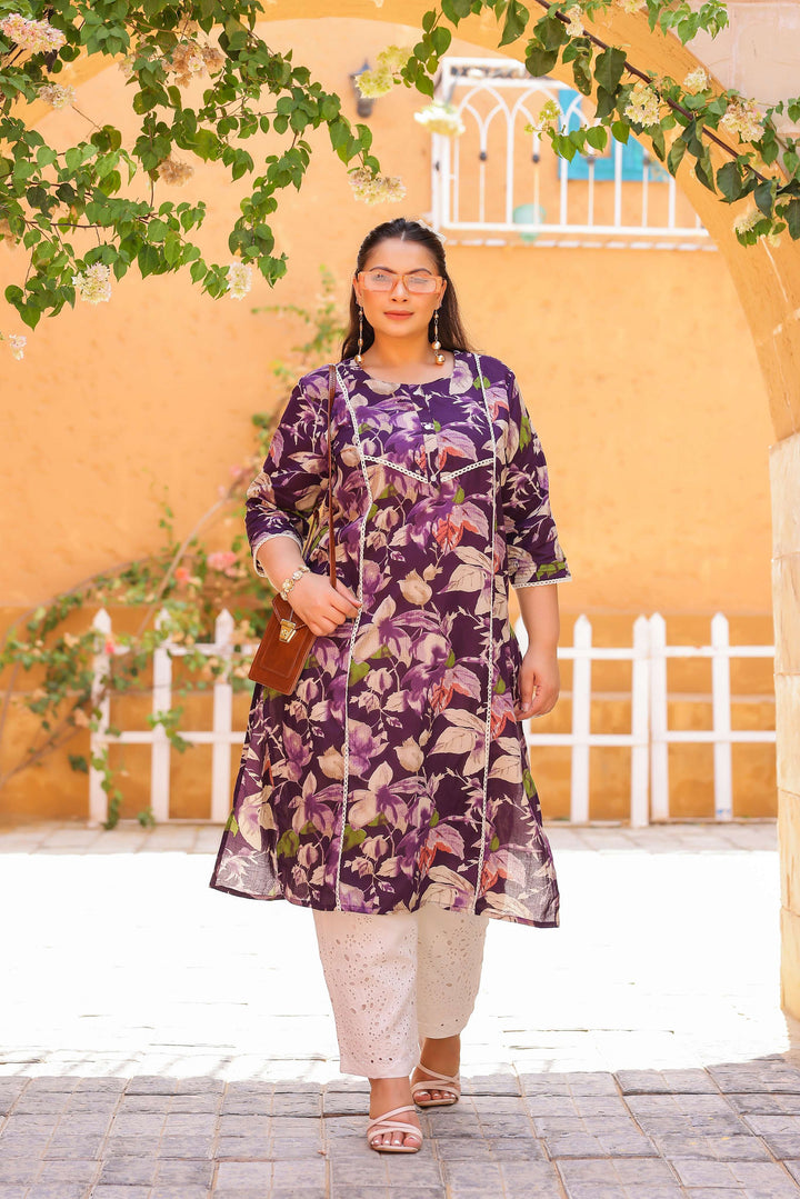 Elegant Purple Floral Printed Kurta for Women | Soft Cotton Blend | Ethnic Casual Wear