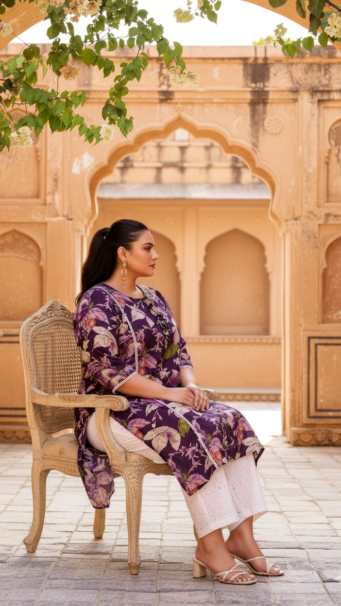 Elegant Purple Floral Printed Kurta for Women | Soft Cotton Blend | Ethnic Casual Wear