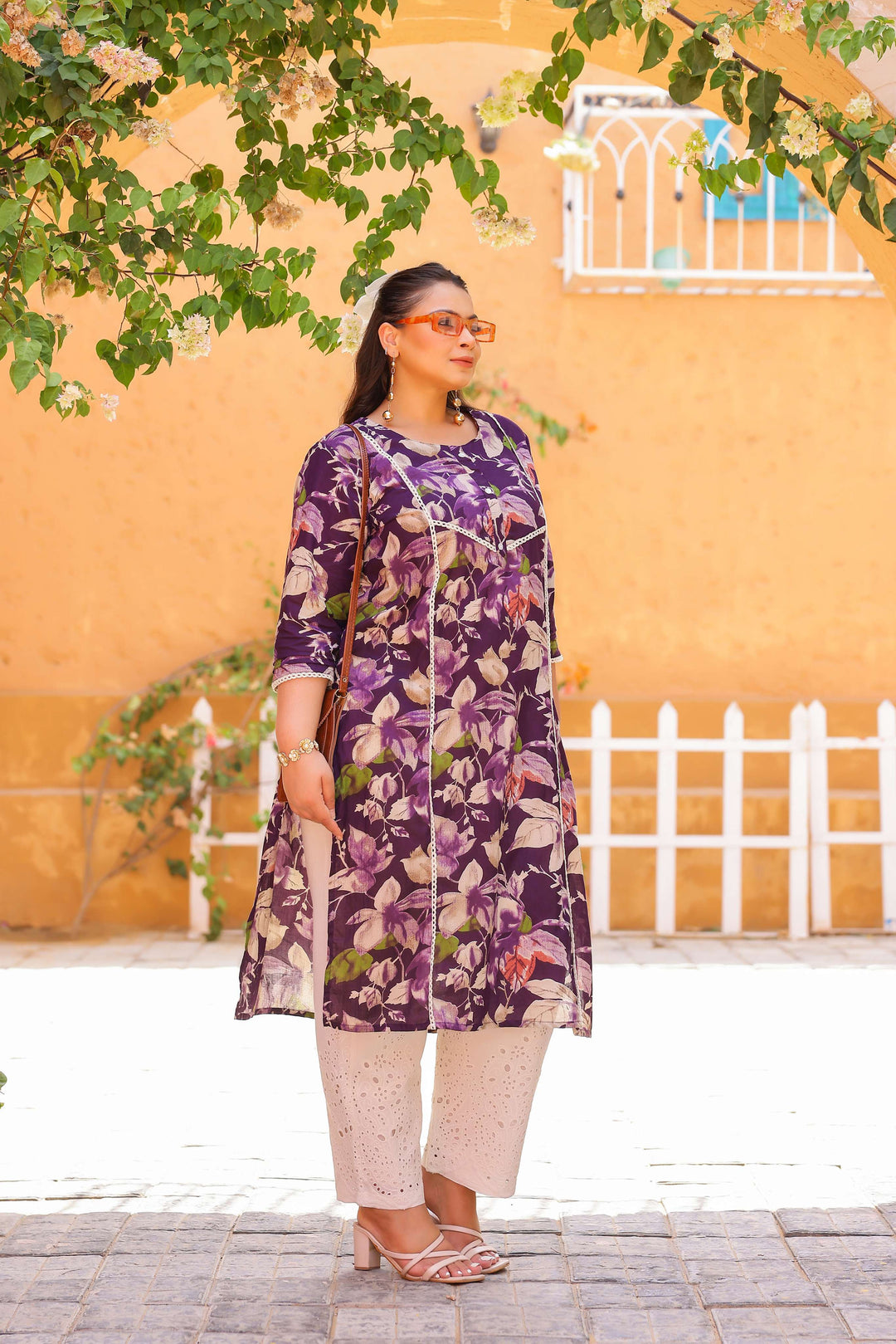 Elegant Purple Floral Printed Kurta for Women | Soft Cotton Blend | Ethnic Casual Wear