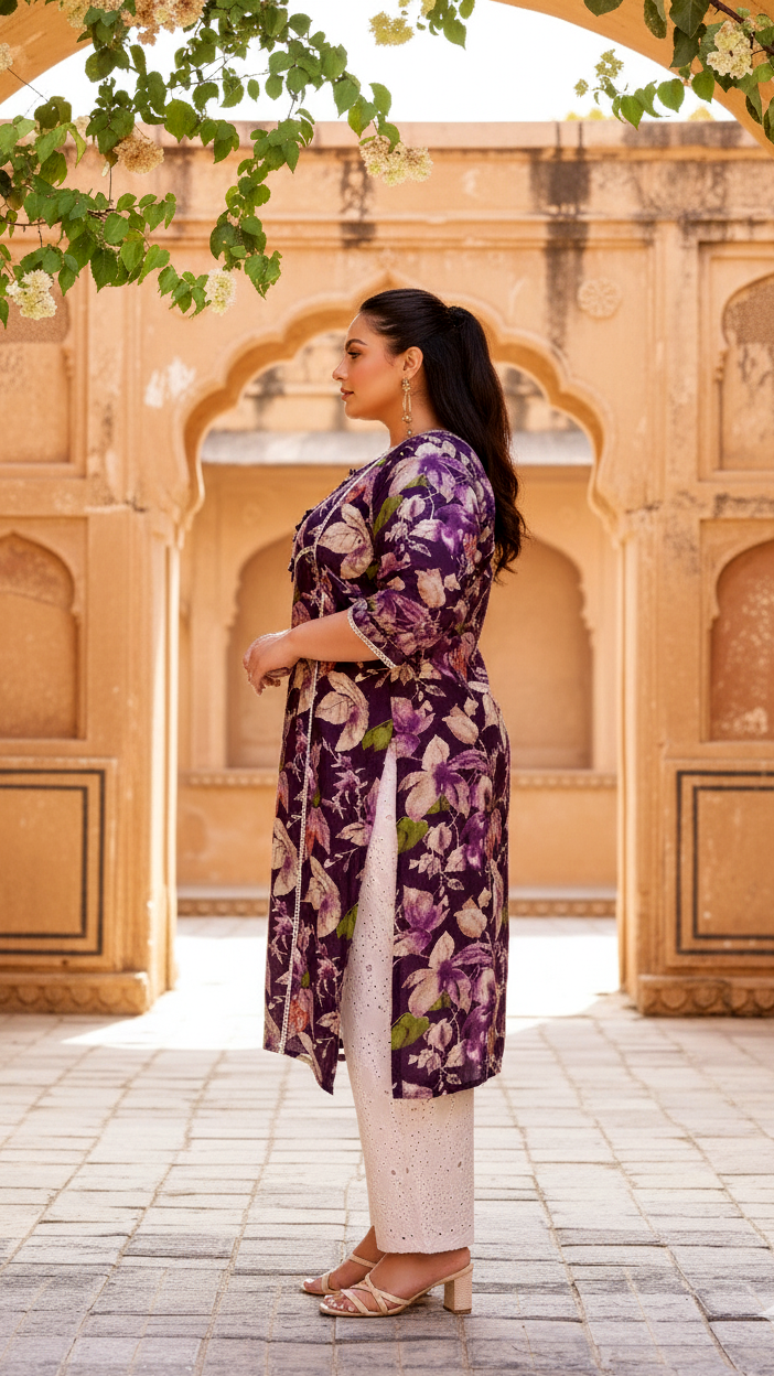 Elegant Purple Floral Printed Kurta for Women | Soft Cotton Blend | Ethnic Casual Wear