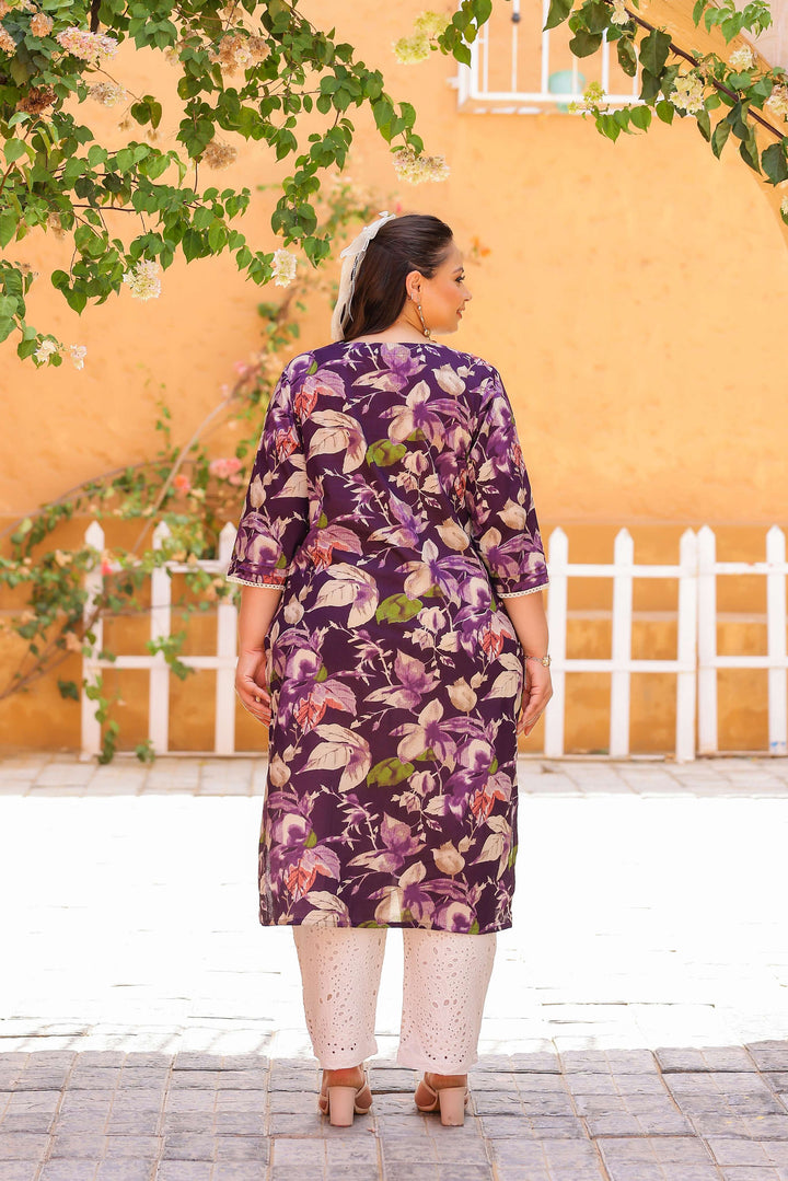 Elegant Purple Floral Printed Kurta for Women | Soft Cotton Blend | Ethnic Casual Wear