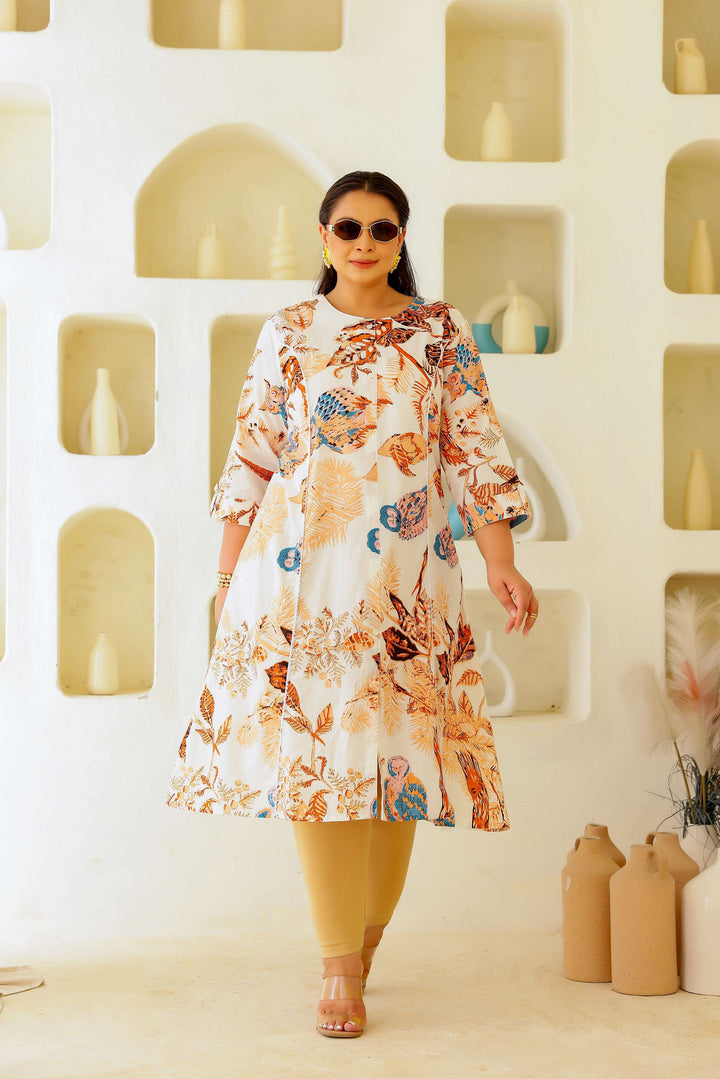 Ivory Multi-Colored Bird & Foliage Printed A-Line Kurta | Elegant & Breezy Daily Wear