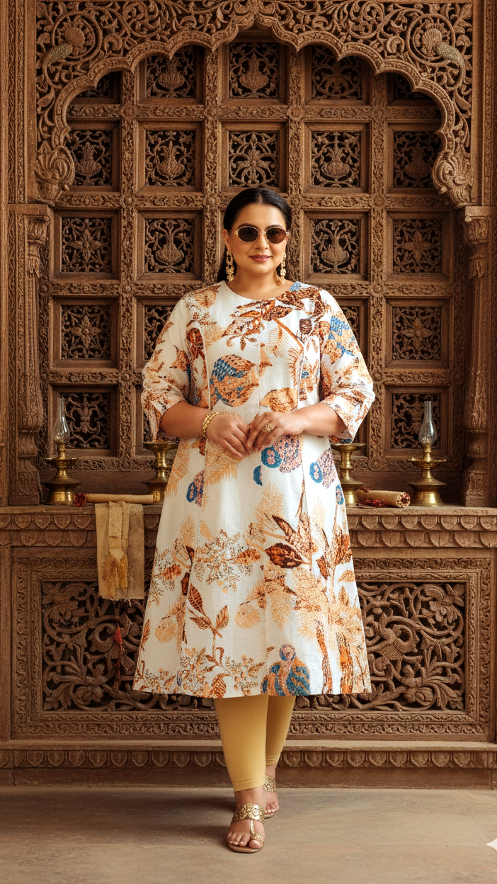 Ivory Multi-Colored Bird & Foliage Printed A-Line Kurta | Elegant & Breezy Daily Wear
