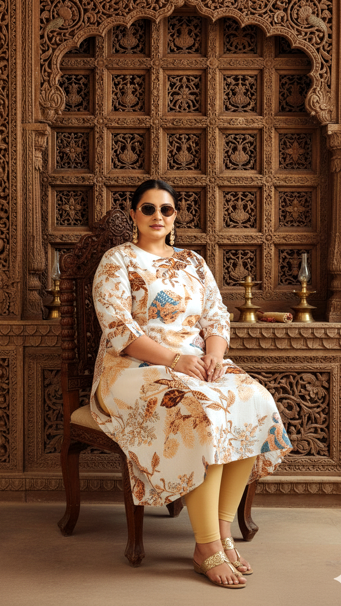 Ivory Multi-Colored Bird & Foliage Printed A-Line Kurta | Elegant & Breezy Daily Wear