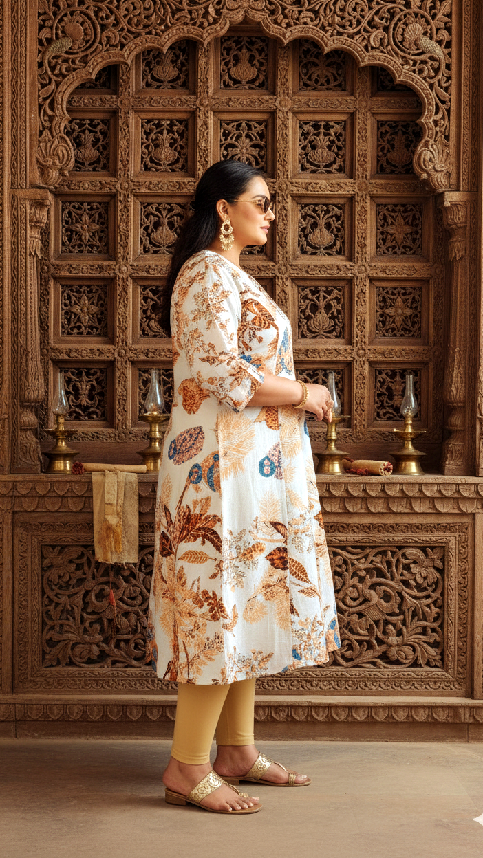 Ivory Multi-Colored Bird & Foliage Printed A-Line Kurta | Elegant & Breezy Daily Wear