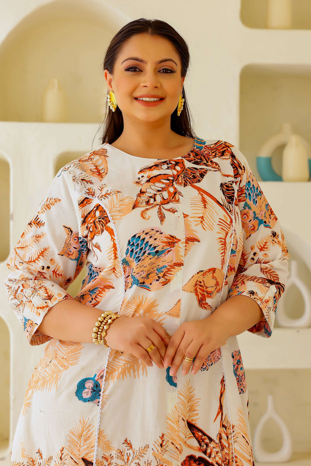 Ivory Multi-Colored Bird & Foliage Printed A-Line Kurta | Elegant & Breezy Daily Wear