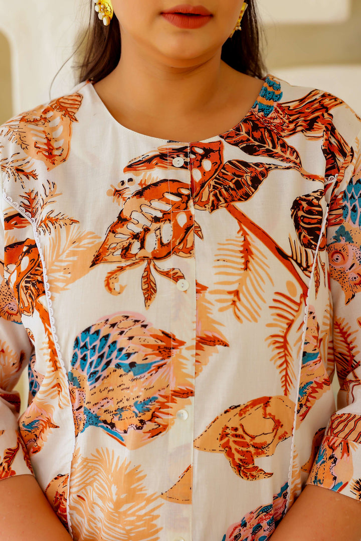 Ivory Multi-Colored Bird & Foliage Printed A-Line Kurta | Elegant & Breezy Daily Wear