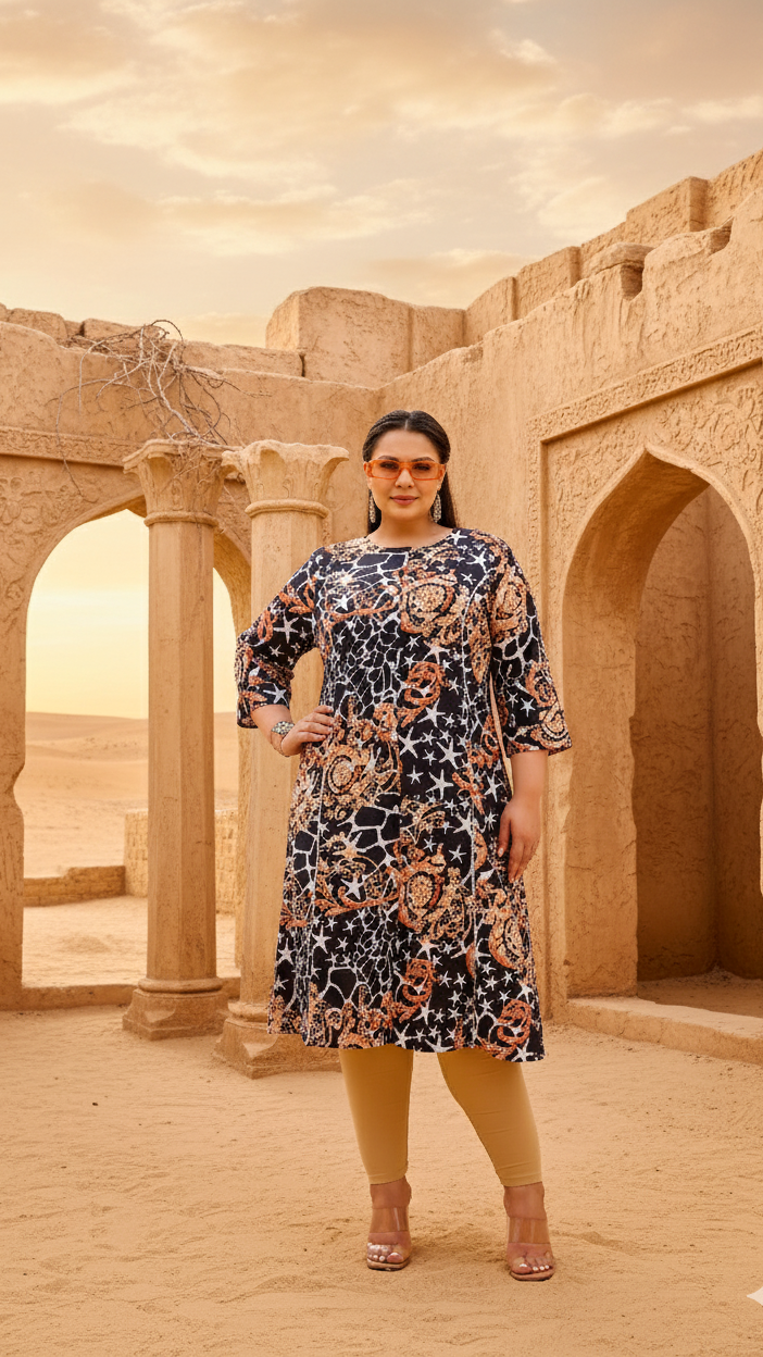 Black & Beige Abstract Print A-Line Kurta | Modern & Stylish Everyday Look