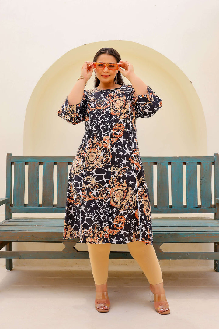 Black & Beige Abstract Print A-Line Kurta | Modern & Stylish Everyday Look
