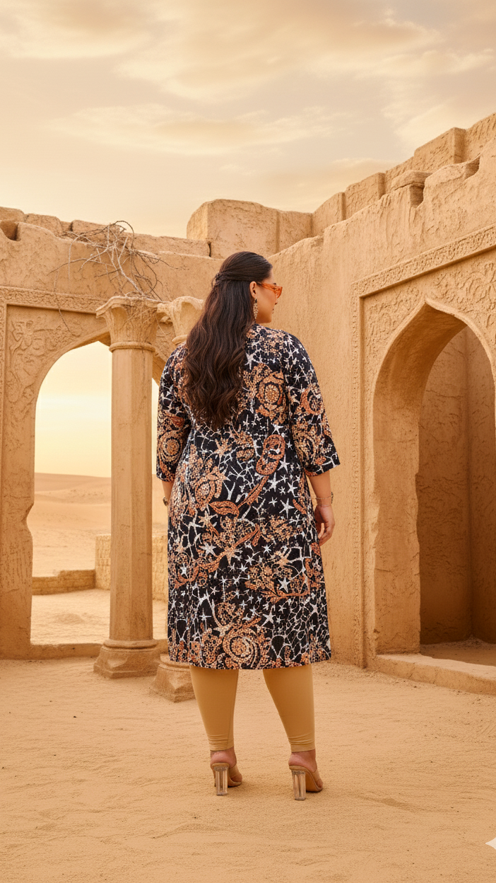 Black & Beige Abstract Print A-Line Kurta | Modern & Stylish Everyday Look