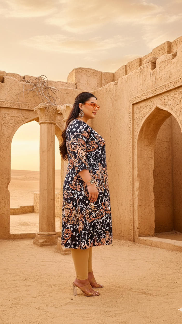 Black & Beige Abstract Print A-Line Kurta | Modern & Stylish Everyday Look