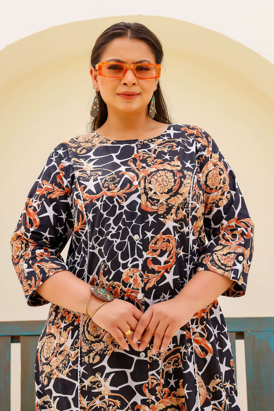 Black & Beige Abstract Print A-Line Kurta | Modern & Stylish Everyday Look
