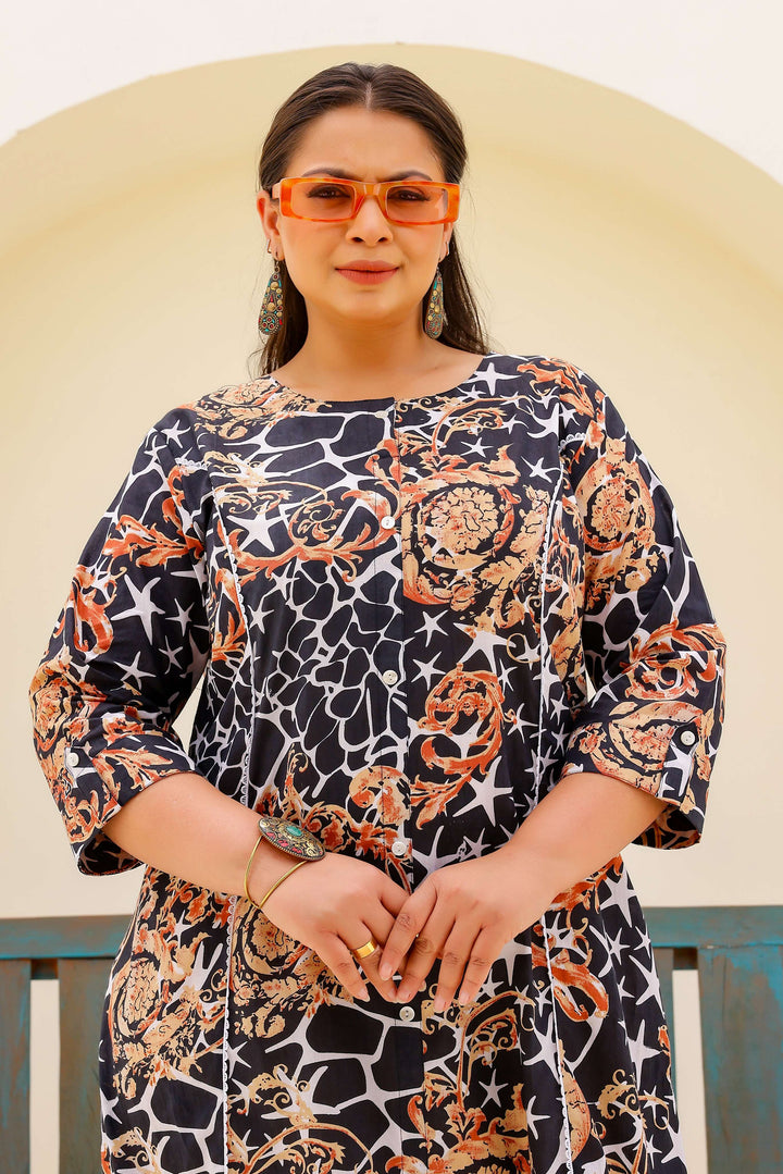 Black & Beige Abstract Print A-Line Kurta | Modern & Stylish Everyday Look