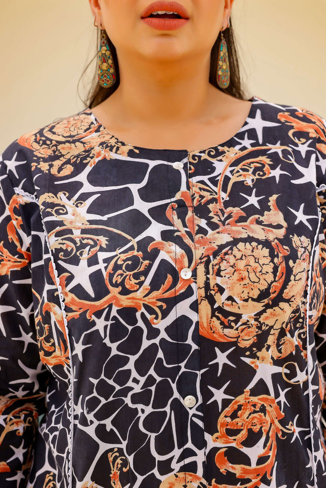 Black & Beige Abstract Print A-Line Kurta | Modern & Stylish Everyday Look